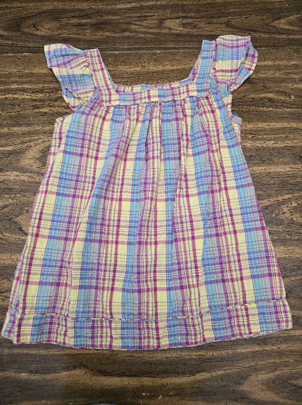 Girls Plaid Ruffle Sleeve, Square Neck Top. Yellow, Pink & Blue